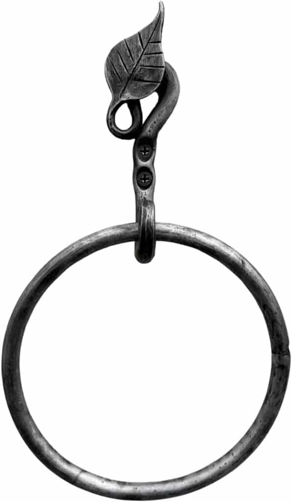 Hand Forged Metal Leaf Towel Ring Wrought Iron Handmade Wall Mounted Hand Towel Holder Modern Farmhouse Kitchen Towel Ring Black Antique Finish Heavy Duty Bathroom Towel Ring Holder by Living Ideas