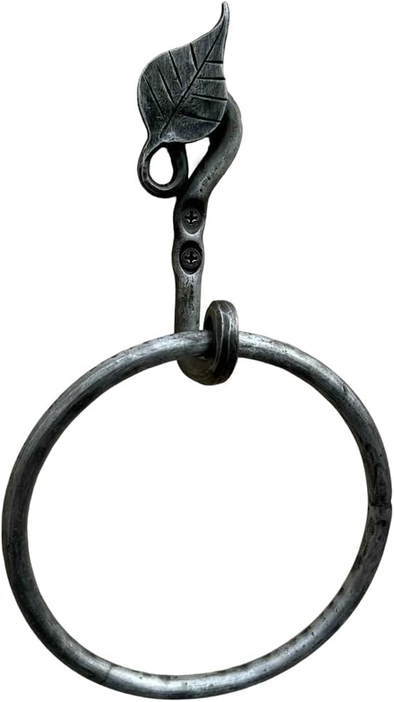 Hand Forged Metal Leaf Towel Ring Wrought Iron Handmade Wall Mounted Hand Towel Holder Modern Farmhouse Kitchen Towel Ring Black Antique Finish Heavy Duty Bathroom Towel Ring Holder by Living Ideas