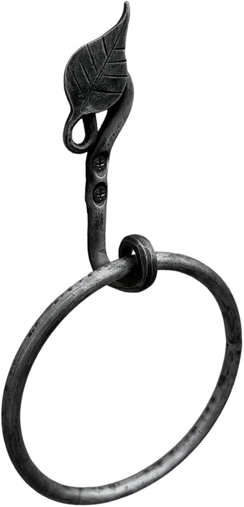 Hand Forged Metal Leaf Towel Ring Wrought Iron Handmade Wall Mounted Hand Towel Holder Modern Farmhouse Kitchen Towel Ring Black Antique Finish Heavy Duty Bathroom Towel Ring Holder by Living Ideas