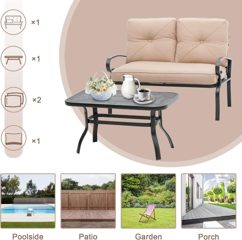 Incbruce Patio Loveseat with Coffee Table - Outdoor Bench with Cushion,2 Piece Wrought Iron Outdoor Loveseat Metal Frame Porch Furniture Set for Patio, Poolside, Garden (Brown)