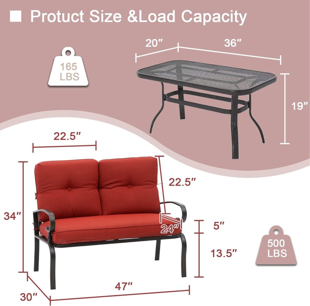 Incbruce Patio Loveseat with Coffee Table - Outdoor Bench with Cushion,2 Piece Wrought Iron Outdoor Loveseat Metal Frame Porch Furniture Set for Patio, Poolside, Garden (Brown)