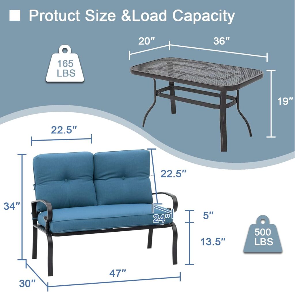 Incbruce Patio Loveseat with Coffee Table - Outdoor Bench with Cushion,2 Piece Wrought Iron Outdoor Loveseat Metal Frame Porch Furniture Set for Patio, Poolside, Garden (Brown)