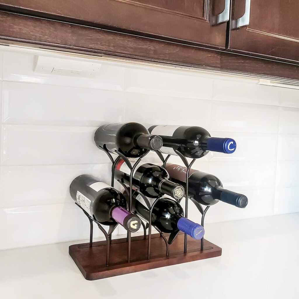 Kovot Tabletop Bottle Rack, 6 Wine Bottle Holder, Dark Brown Wood Base with Black Iron Branches, Countertop Home Decor Kitchen Storage Rack, Bar, Cellar, Cabinet, Pantry