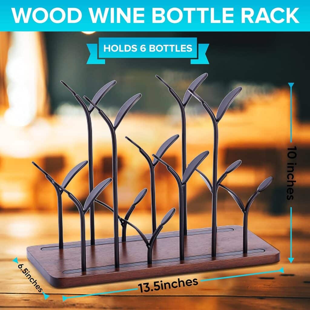 Kovot Tabletop Bottle Rack, 6 Wine Bottle Holder, Dark Brown Wood Base with Black Iron Branches, Countertop Home Decor Kitchen Storage Rack, Bar, Cellar, Cabinet, Pantry