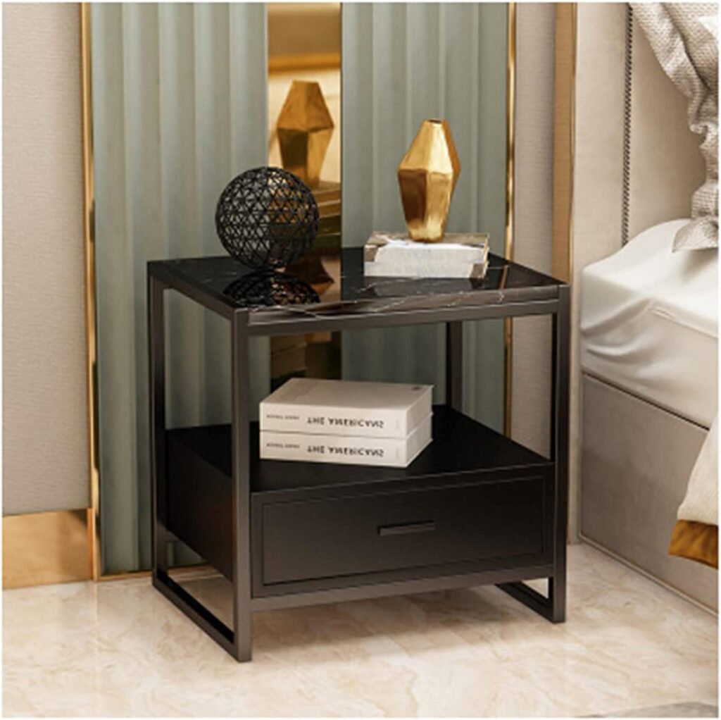 Light Luxury Marble Bedside Table with 1 Drawers, Simplicity Modern Nightstand for Bedroom White, Wrought Iron Bedside Cabinet Black, for Living Room Bed(Size:50 * 40 * 50cm,Color: