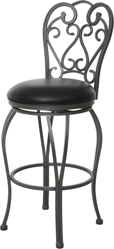 Magnolia II Barstool, Gray, 26-Inch Counter Height, 360 Degree Swivel, Wrought-Iron Traditional Styling, PVC Upholstery in Leather Touch Black