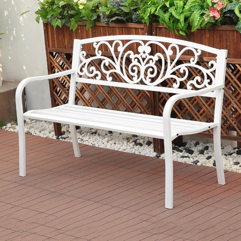 Metal Outdoor Bench for Patio, Garden Porch Bench Chair, Slatted Seat Waterproof Wrought Iron Garden Bench Steel for Lawn, Park, Deck w/Floral Design Backrest