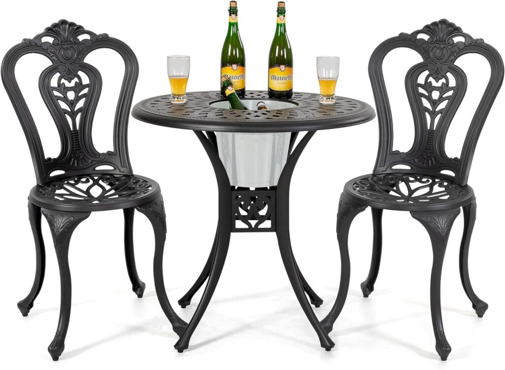 NUU GARDEN 3 Piece Outdoor Bistro Set Cast Aluminum Patio Set Bistro Table Set Rustproof Patio Table and Chairs with Umbrella Hole for Backyard, Balcony, Front Porch, Black