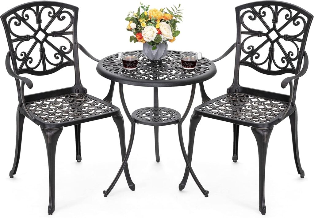 NUU GARDEN 3 Piece Outdoor Bistro Set Cast Aluminum Patio Set Bistro Table Set Rustproof Patio Table and Chairs with Umbrella Hole for Backyard, Balcony, Front Porch, Black