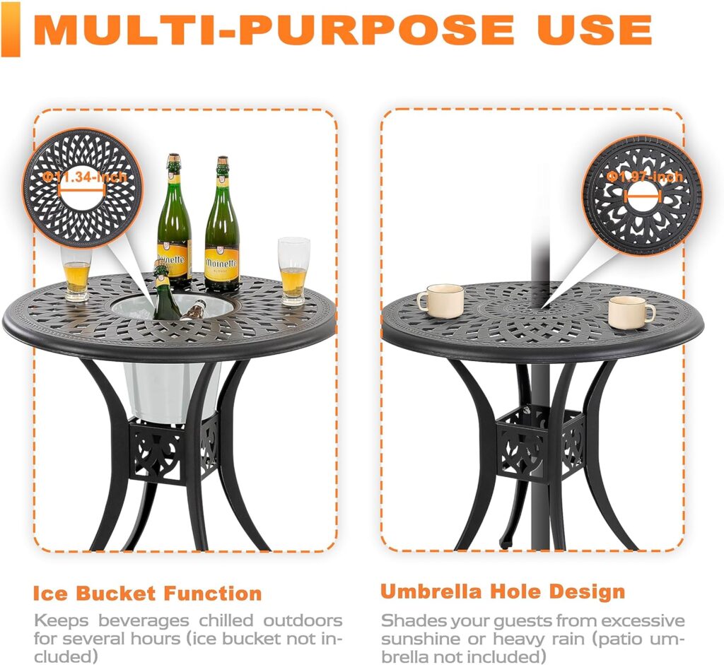 NUU GARDEN 3 Piece Outdoor Bistro Set Cast Aluminum Patio Set Bistro Table Set Rustproof Patio Table and Chairs with Umbrella Hole for Backyard, Balcony, Front Porch, Black