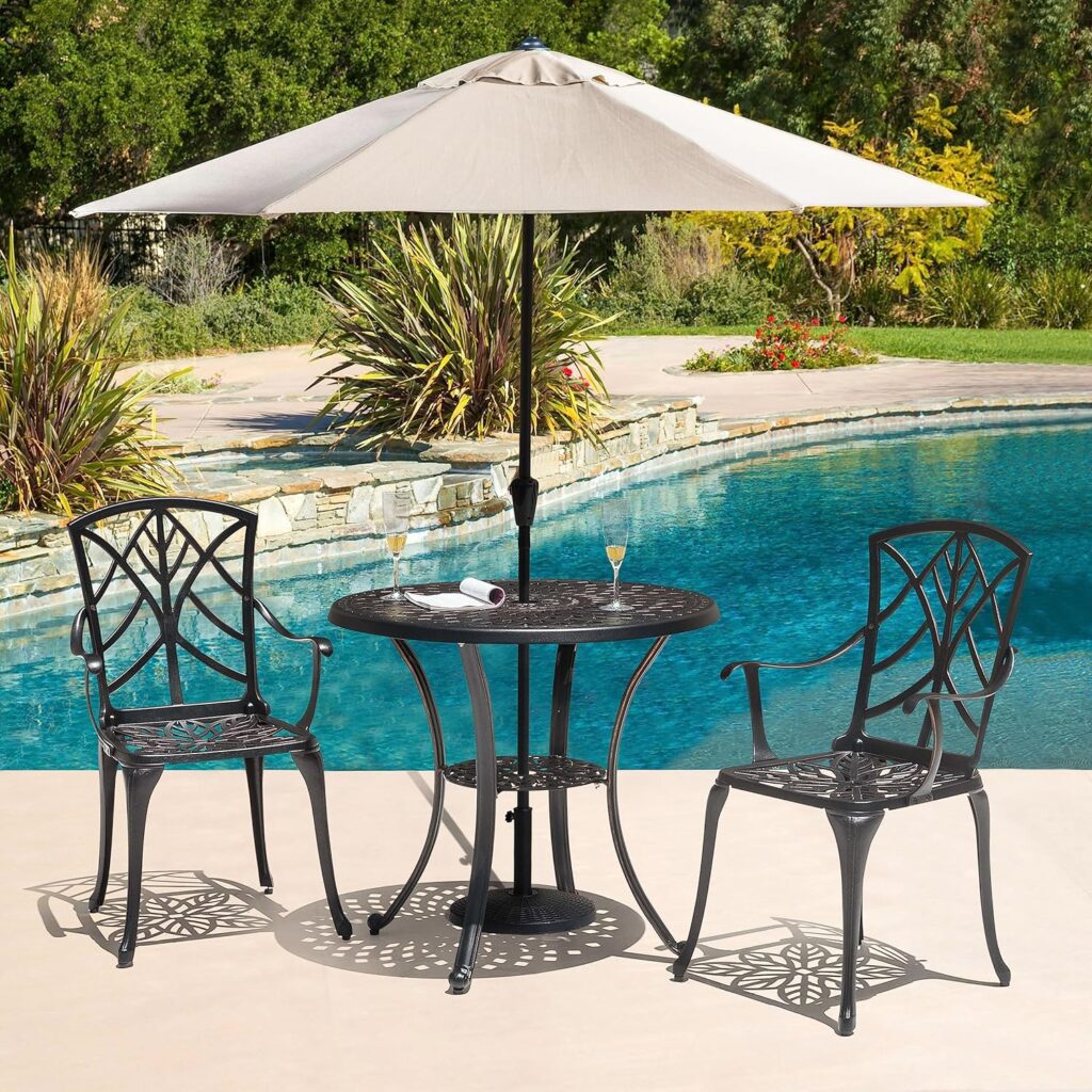 NUU GARDEN 3 Piece Outdoor Bistro Set Cast Aluminum Patio Set Bistro Table Set Rustproof Patio Table and Chairs with Umbrella Hole for Backyard, Balcony, Front Porch, Black