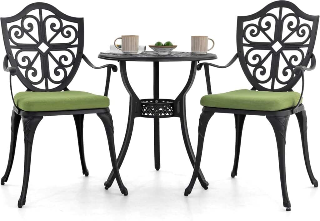 NUU GARDEN Bistro Set 3 Piece Outdoor, Cast Aluminum Patio Bistro Sets with Umbrella Hole and Green Cushions, Bistro Table and Chairs Set of 2 for Patio Backyard, Black