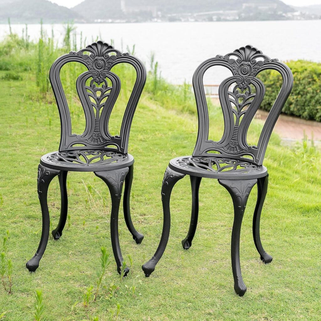 NUU GARDEN Cast Aluminum Patio Chairs All Weather Outdoor Dining Chairs Set of 2 Indoor Outdoor Bistro Chairs for Balcony, Backyard, Garden, Black