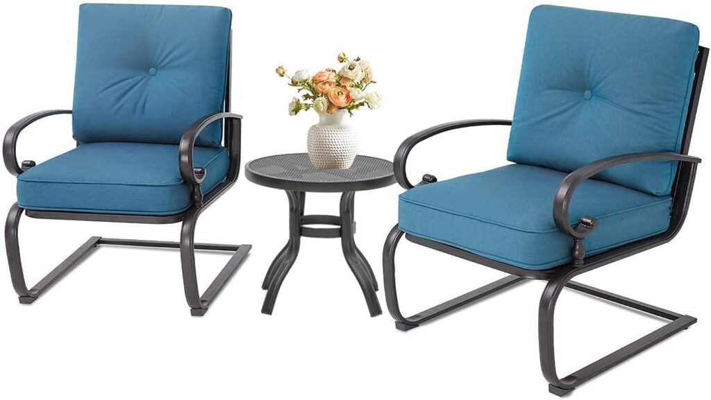 Oakmont Outdoor Bistro Set 3-Piece Spring Metal Lounge Cushioned Chairs and Bistro Table Set Wrought Iron Cafe Furniture Seat,Peacock Blue