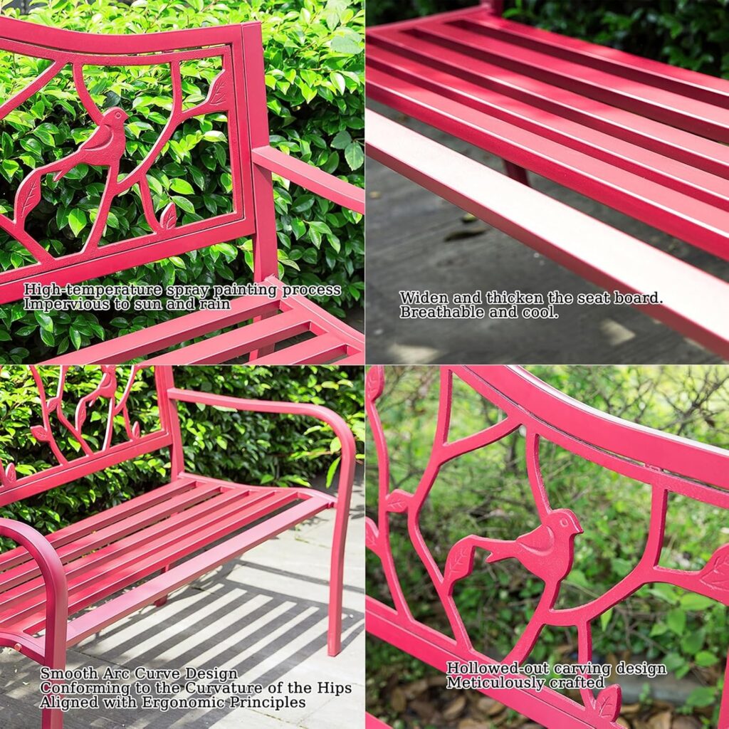 Outdoor Bench Metal, Porch Benches Chair, Garden Bench, Wrought Iron Bench, Outdoor Bench with Backrest and Armrests, Patio Porch Furniture for Lawn, Park, Deck w/Floral Design Backrest, Slatted Seat