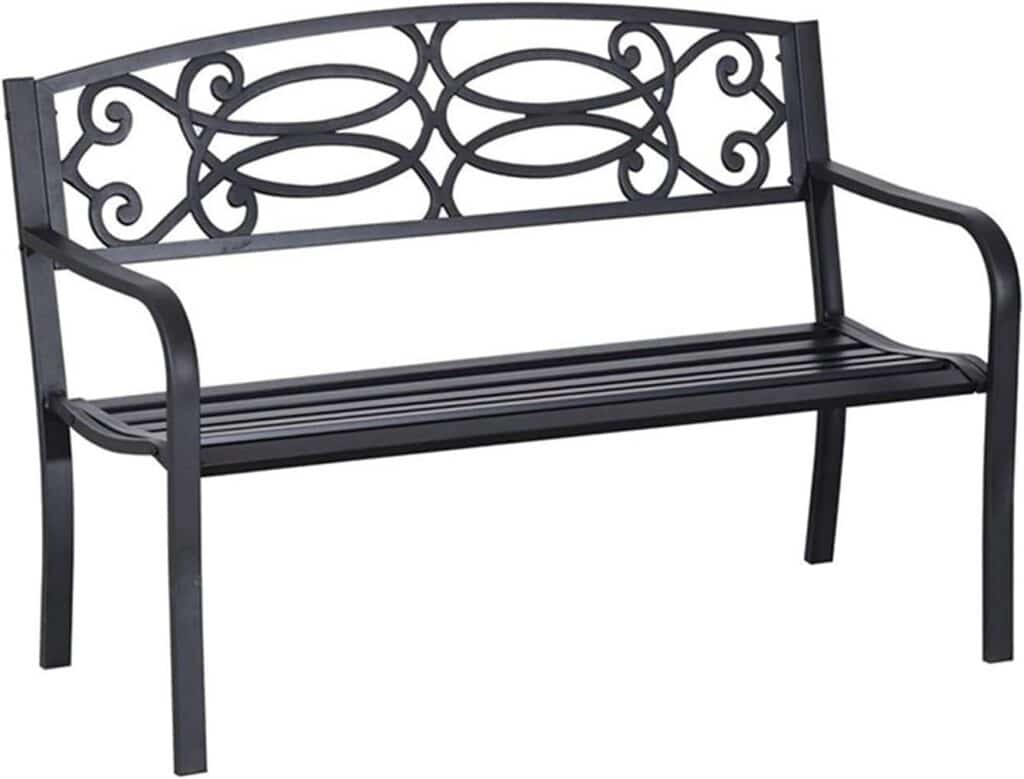 Outdoor Bench Metal, Porch Benches Chair, Garden Bench, Wrought Iron Bench, Outdoor Bench with Backrest and Armrests, Patio Porch Furniture for Lawn, Park, Deck w/Floral Design Backrest, Slatted Seat