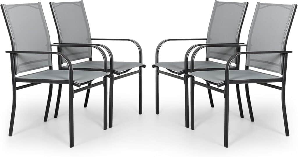 Outdoor Wrought Iron Dining Chairs Set of 4, Patio Textilene Dining Chair with High Backrest, Metal Frame Furniture Chairs with Armrests for Yard, Deck, Backyard, Lawn, Poolside (Grey)