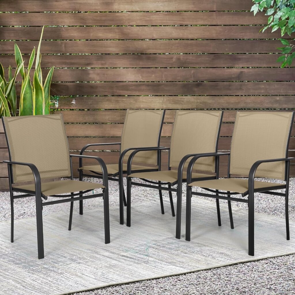 Outdoor Wrought Iron Dining Chairs Set of 4, Patio Textilene Dining Chair with High Backrest, Metal Frame Furniture Chairs with Armrests for Yard, Deck, Backyard, Lawn, Poolside (Grey)