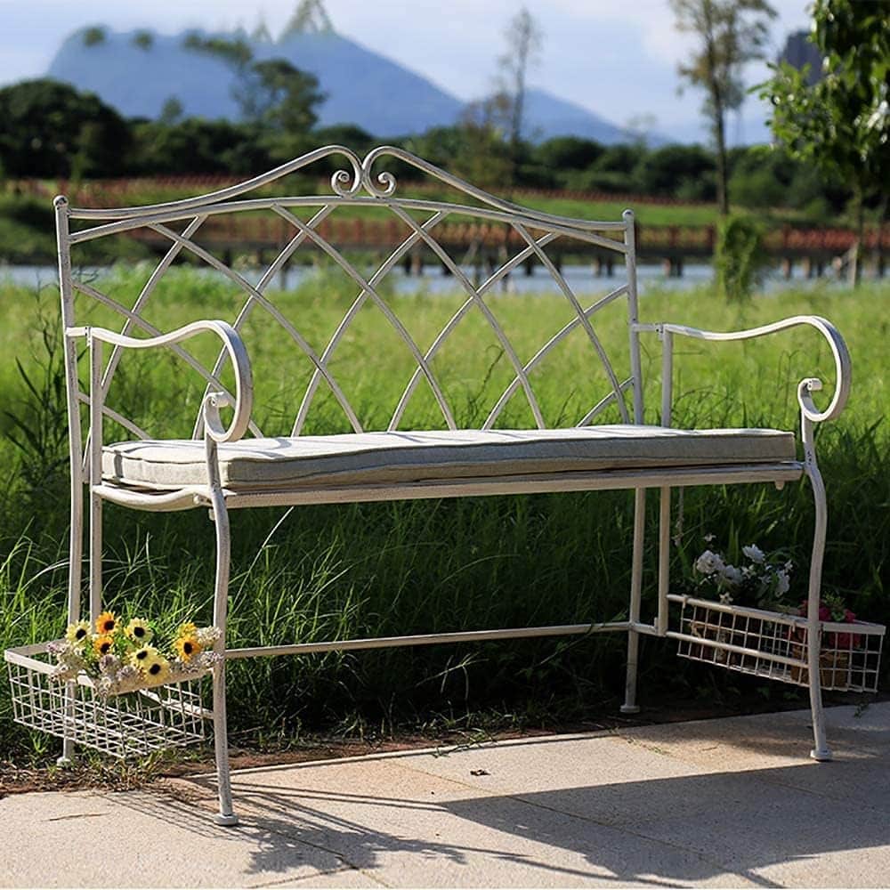 Patio Bench Park Bench Outdoor Conversation Couch, Wrought Iron Courtyard Bench, Double Stool with Backrest and Armrests, Retro Garden Bench with Storage Box, S