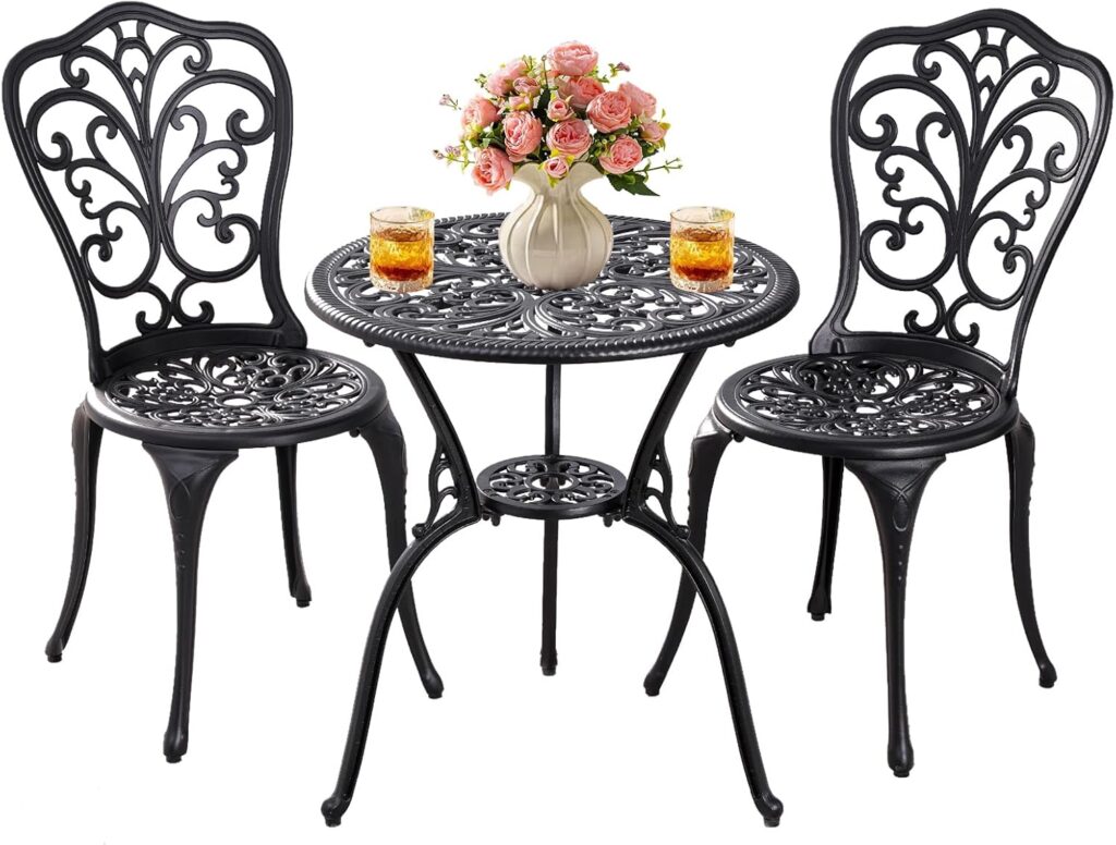 Patio Bistro Set 3 Piece Outdoor,Cast Aluminum Outdoor Bistro Table and Chair Set of 2 with 1.97 Umbrella Hole,All Weather Metal Bistro Table Set for Front Porch Set(Butterfly Black)