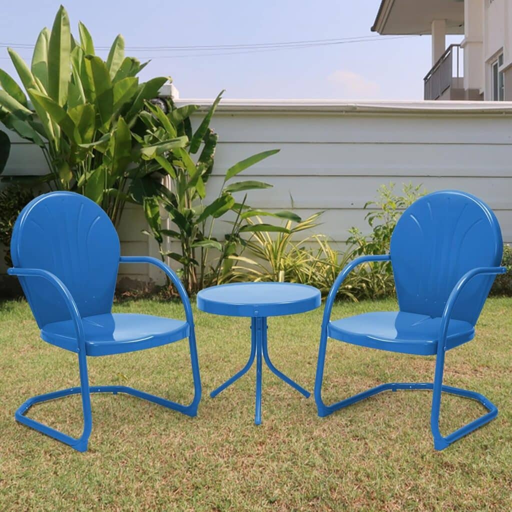 Patio Bistro Set Retro Metal Outdoor Seating Conversation 3 Pieces, 2 C-Spring Motion Armchairs and Round Side Table, for Porch, Lawn, Garden, Ocean Blue