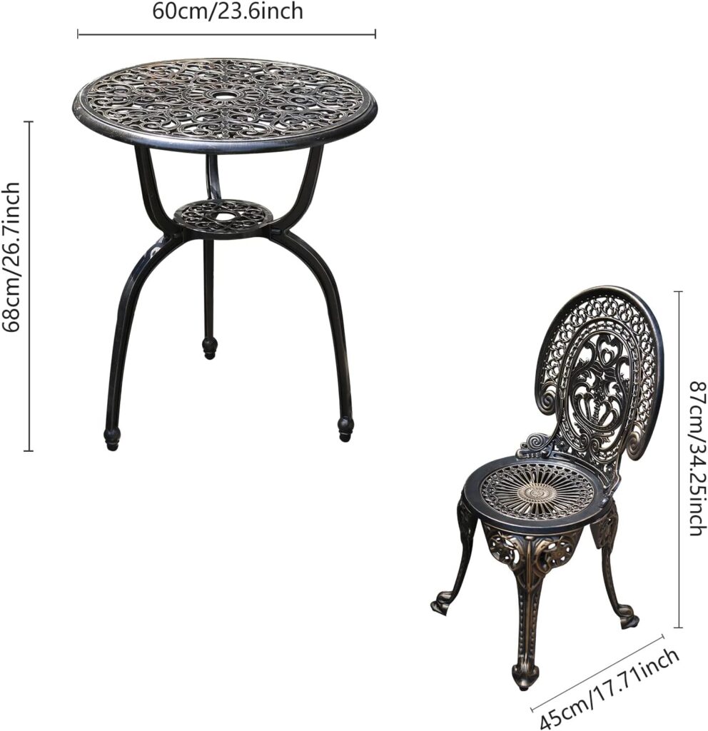 Patio Bistro Set.Rust-Resistant Cast Aluminum Bistro Table Set with Umbrella Hole for Backyard (Crown Copper)