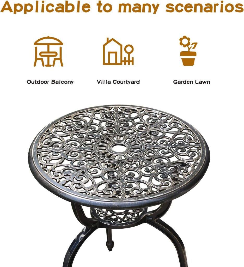 Patio Bistro Set.Rust-Resistant Cast Aluminum Bistro Table Set with Umbrella Hole for Backyard (Tulip Copper)