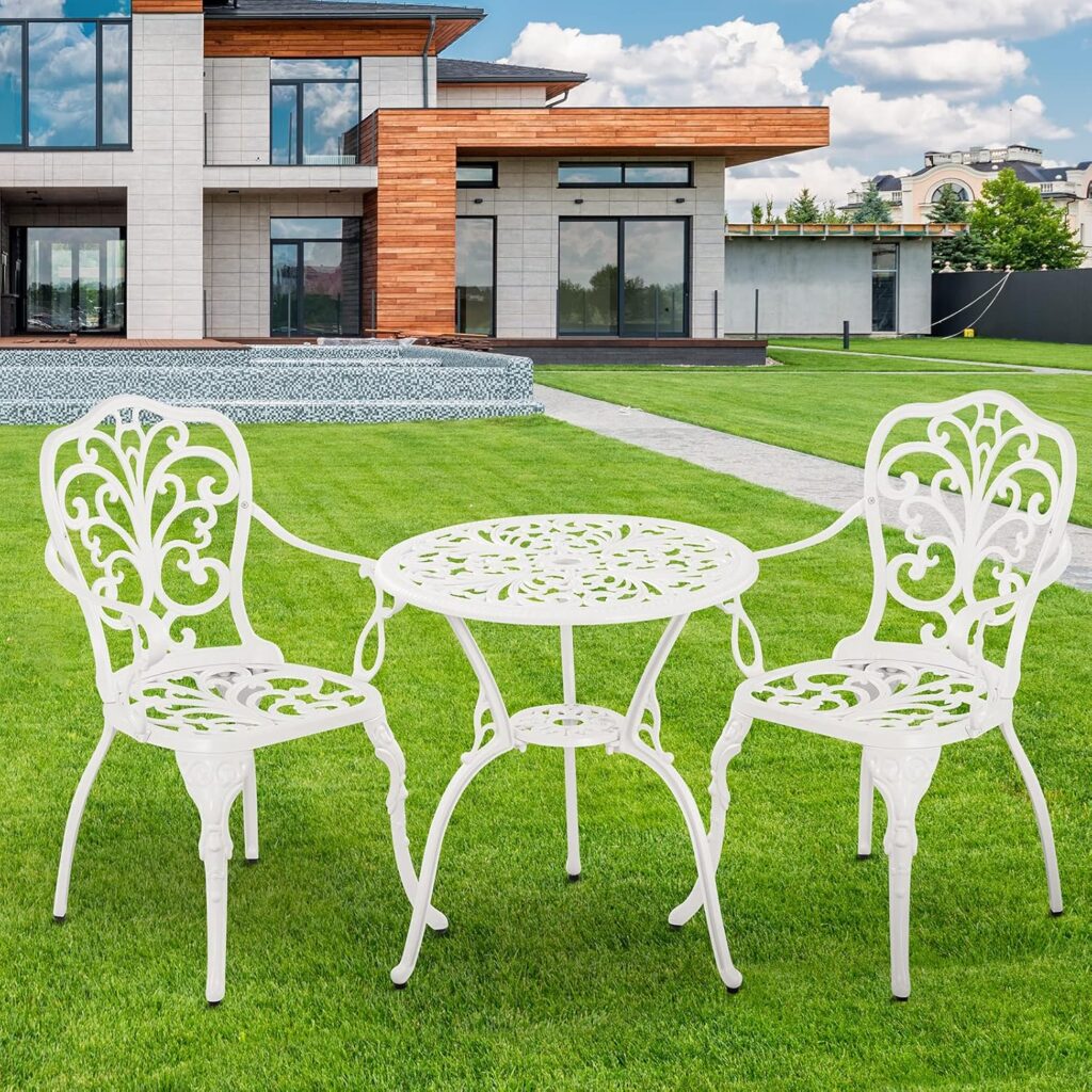 Patio Bistro Sets 3 Piece,Cast Aluminum Bistro Table and Chairs Set of 2 with 1.97 Umbrella Hole,All Weather Bistro Table Set Outdoor Patio Furniture for Garden,Yard(Butterfly White)