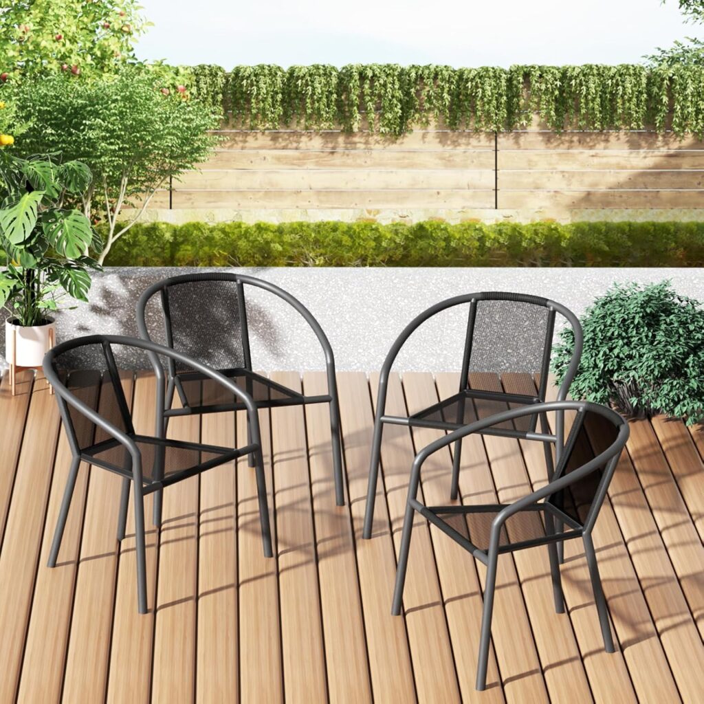 Patio Dining Chairs Set of 4, Textilene Fabric Outdoor Chair with Wrought Iron Metal Frame Support 300lbs for Camping, Beach, Garden, Pool, Backyard, Deck(Black)