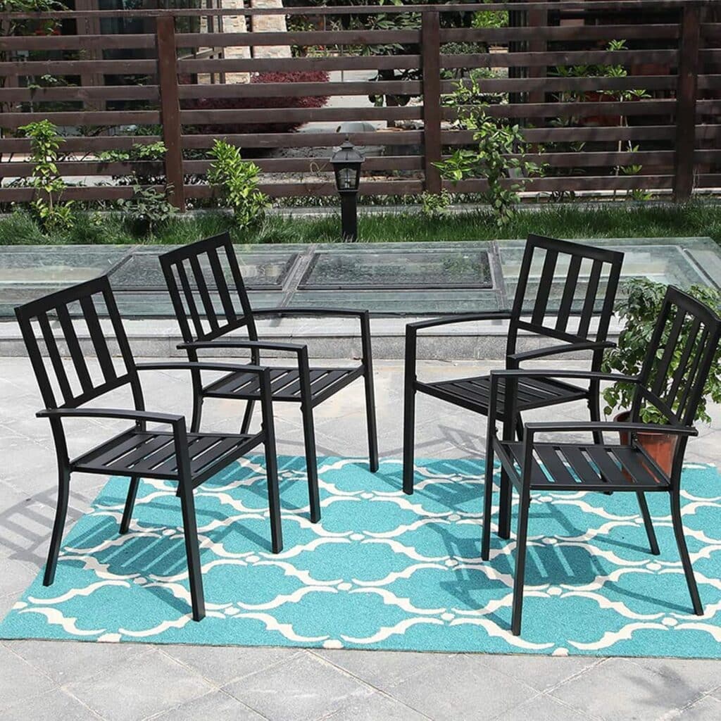 PHI VILLA Patio Dining Stackable Chairs, Outdoor Wrought Iron Furniture Set Bistro Chairs with Armrest,Black (Fishnet Pattern, 4 set)