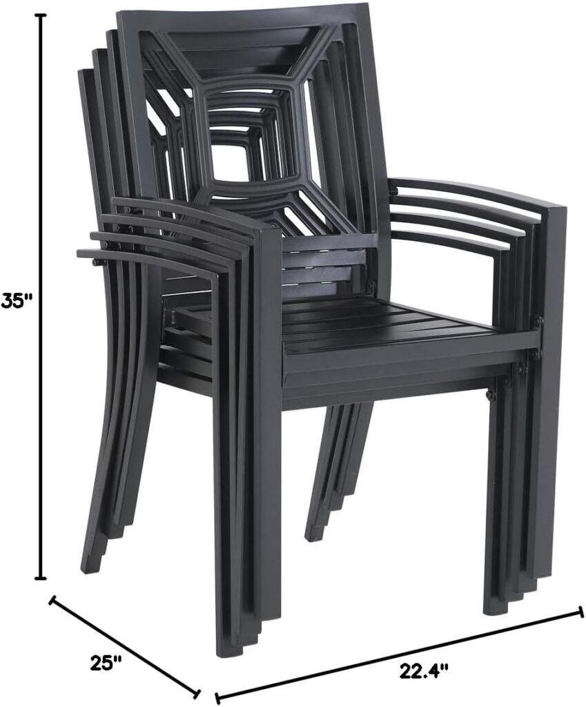 PHI VILLA Patio Dining Stackable Chairs, Outdoor Wrought Iron Furniture Set Bistro Chairs with Armrest,Black (Fishnet Pattern, 4 set)