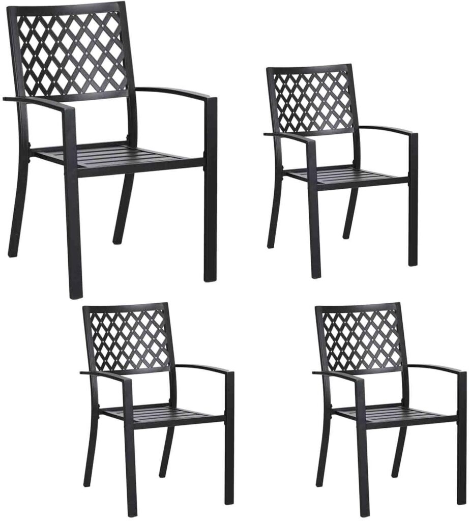 PHI VILLA Patio Dining Stackable Chairs, Outdoor Wrought Iron Furniture Set Bistro Chairs with Armrest,Black (Fishnet Pattern, 4 set)