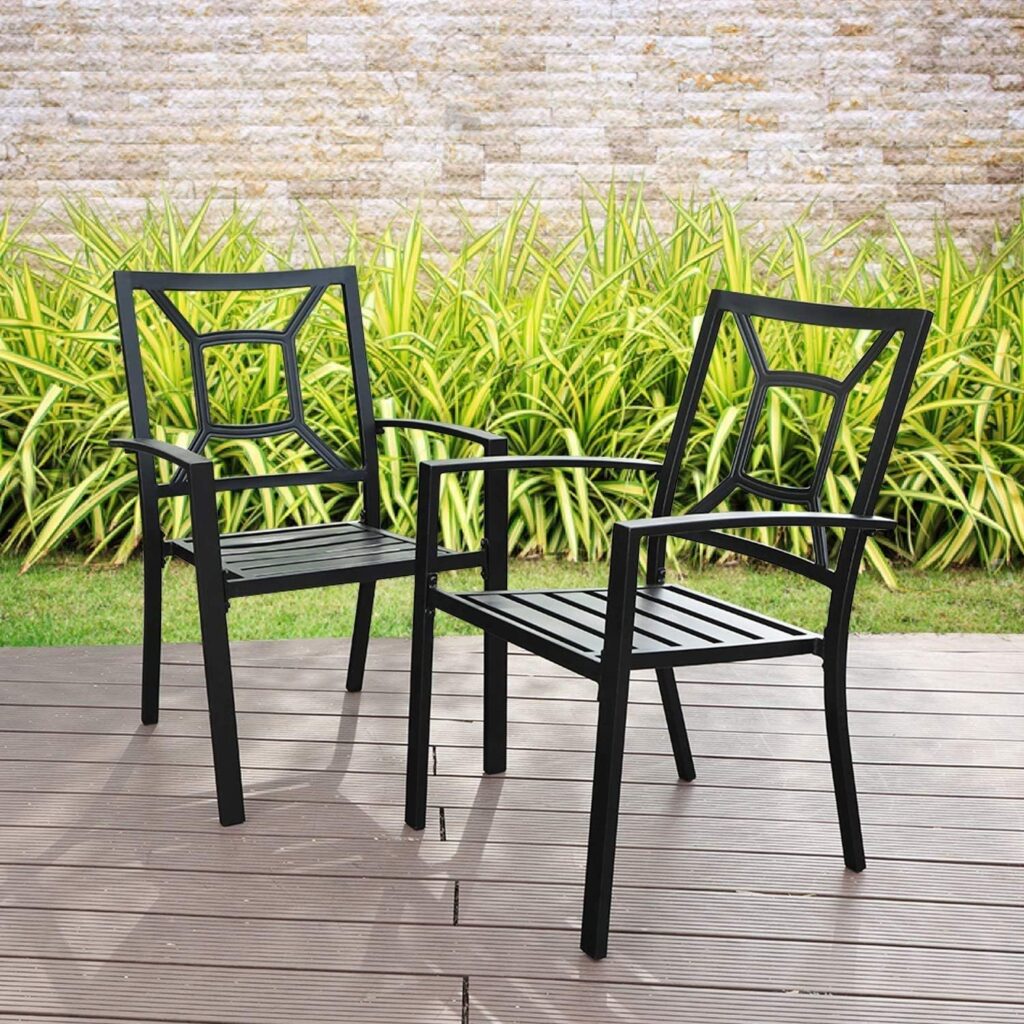 PHI VILLA Wrought Iron Patio Dining Chairs, Stackable Black Outdoor Patio Chairs Set of 2, Metal Patio Chairs, Support 300 LBS, Black