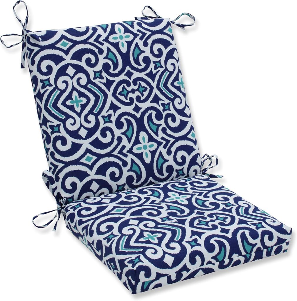 Pillow Perfect Damask Indoor/Outdoor Solid Back 1 Piece Square Corner Chair Cushion with Ties, Deep Seat, Weather, and Fade Resistant, 36.5 x 18, Blue/White New Damask, 1 Count