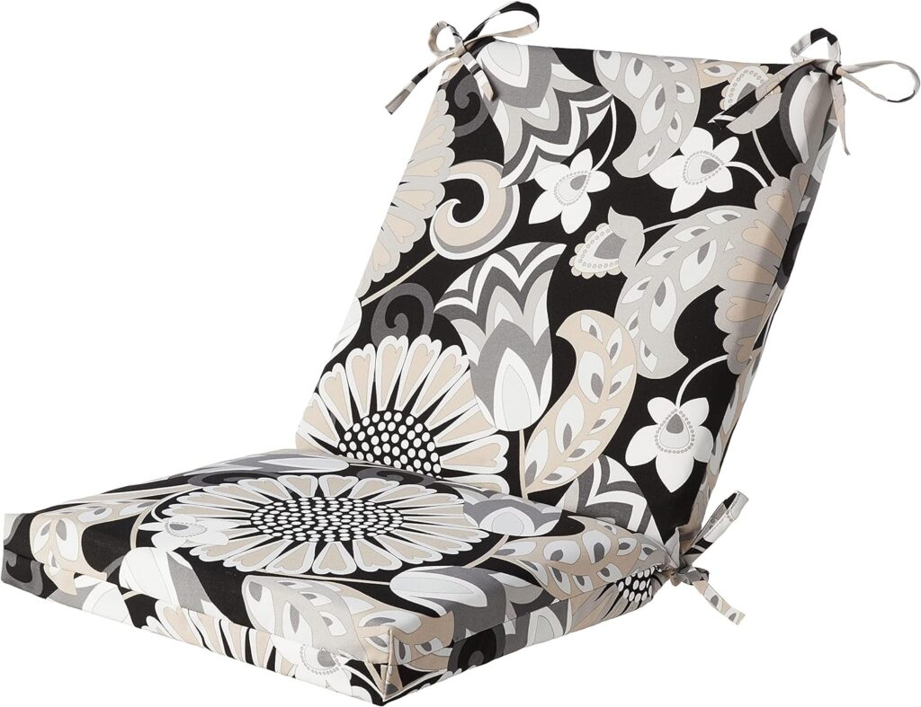 Pillow Perfect Floral Indoor/Outdoor Solid Back 1 Piece Square Corner Chair Cushion with Ties, Deep Seat, Weather, and Fade Resistant, 36.5 x 18, Black/White Sophia, 1 Count