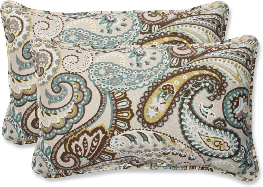 Pillow Perfect Paisley Indoor/Outdoor Accent Throw Pillow, Plush Fill, Weather, and Fade Resistant, Lumbar - 11.5 x 18.5 , Blue/Brown Tamara Quartz, 2 Count (Pack of 1)