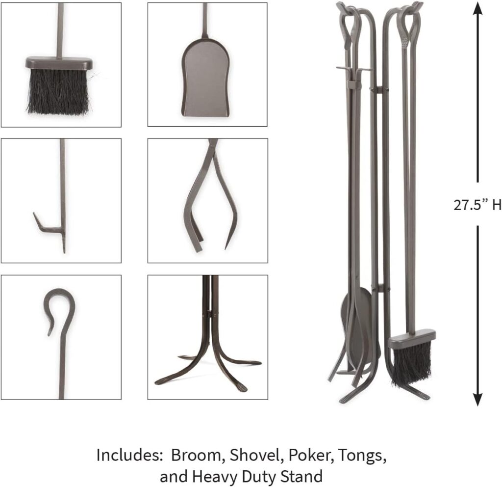 Plow  Hearth 5 Piece Hand Forged Iron Fireplace Tool Set with Poker | Tongs | Shovel | Broom | and Stand 7-in Diam. x 27.5 H Black