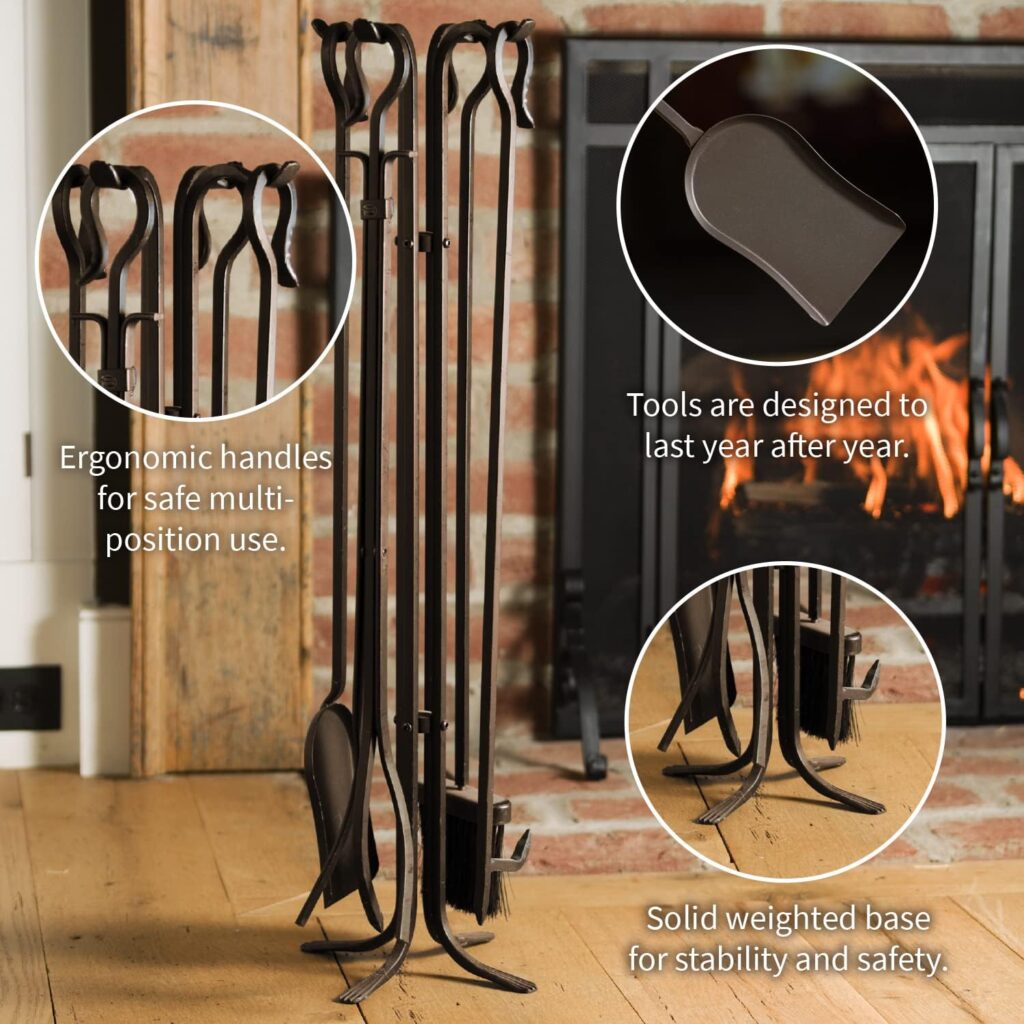 Plow  Hearth 5 Piece Hand Forged Iron Fireplace Tool Set with Poker | Tongs | Shovel | Broom | and Stand 7-in Diam. x 27.5 H Black