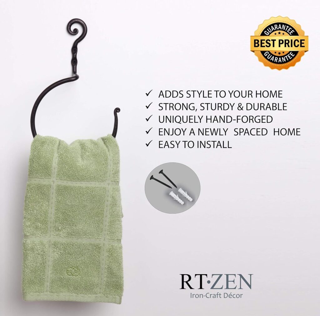 RTZEN Matte Black Towel Ring - Wrought Iron Hand Towel Ring for Bathroom - Decorative Hand Towel Holder for Kitchen - Farmhouse Home Decor Accessories