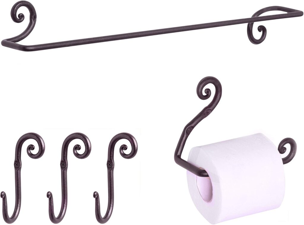 RTZEN Wrought Iron Bathroom Accessories Set, Decorative Bath Towel Bar, Set of 3 Decorative Hooks and Toilet Paper Holder