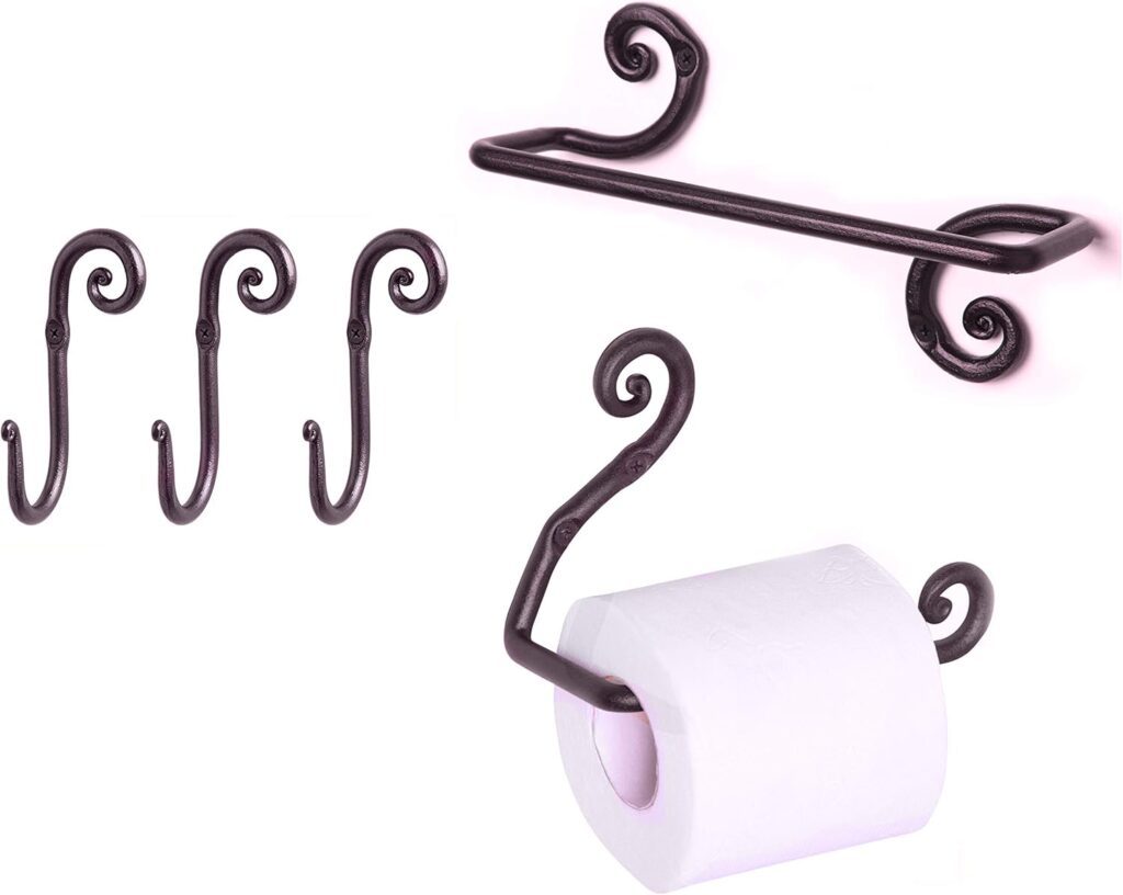 RTZEN Wrought Iron Bathroom Accessories Set, Decorative Hand Towel Bar, Set of 3 Decorative Hooks and Toilet Paper Holder