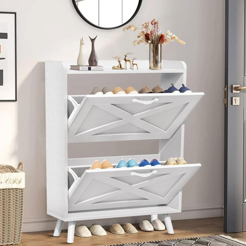 Shoe Storage Cabinet with 2 Flip Drawers, Farmhouse Slim Shoe Cabinet, Freestanding Organizer with Metal Legs (White)