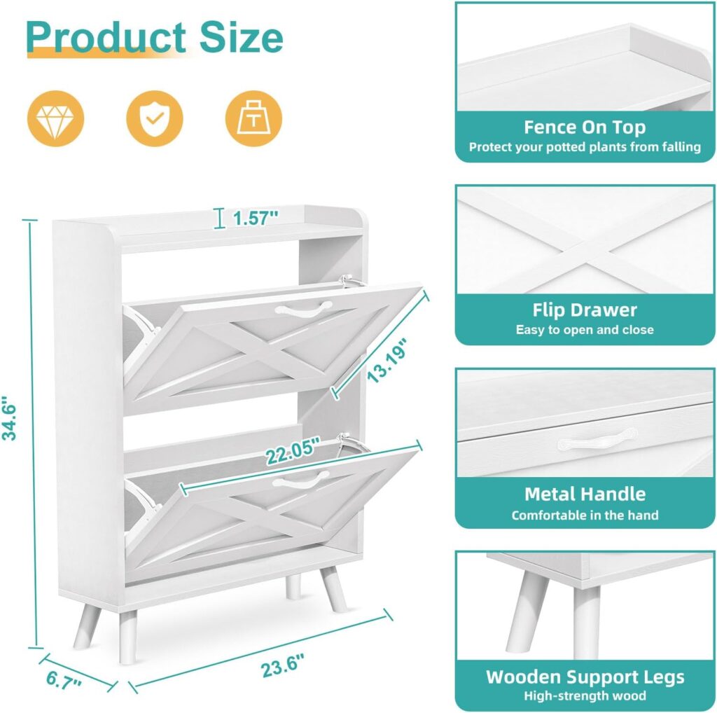 Shoe Storage Cabinet with 2 Flip Drawers, Farmhouse Slim Shoe Cabinet, Freestanding Organizer with Metal Legs (White)