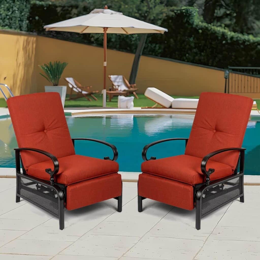 SOLAURA 2-Piece Outdoor Recliner Chairs Adjustable Backrest Lounge Chairs with Black Metal Frame  Removable Soft Cushions for Porch, Backyard, Pool or Garden (Red)