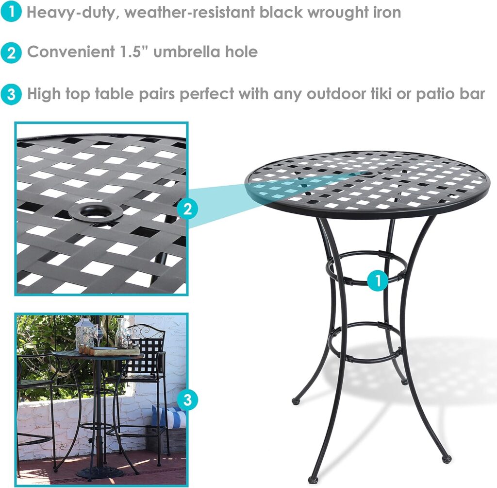 Sunnydaze Elegant Black Wrought Iron Bar Table - 30-Inch Diameter x 39.5 Inches Tall - Dining Table Only