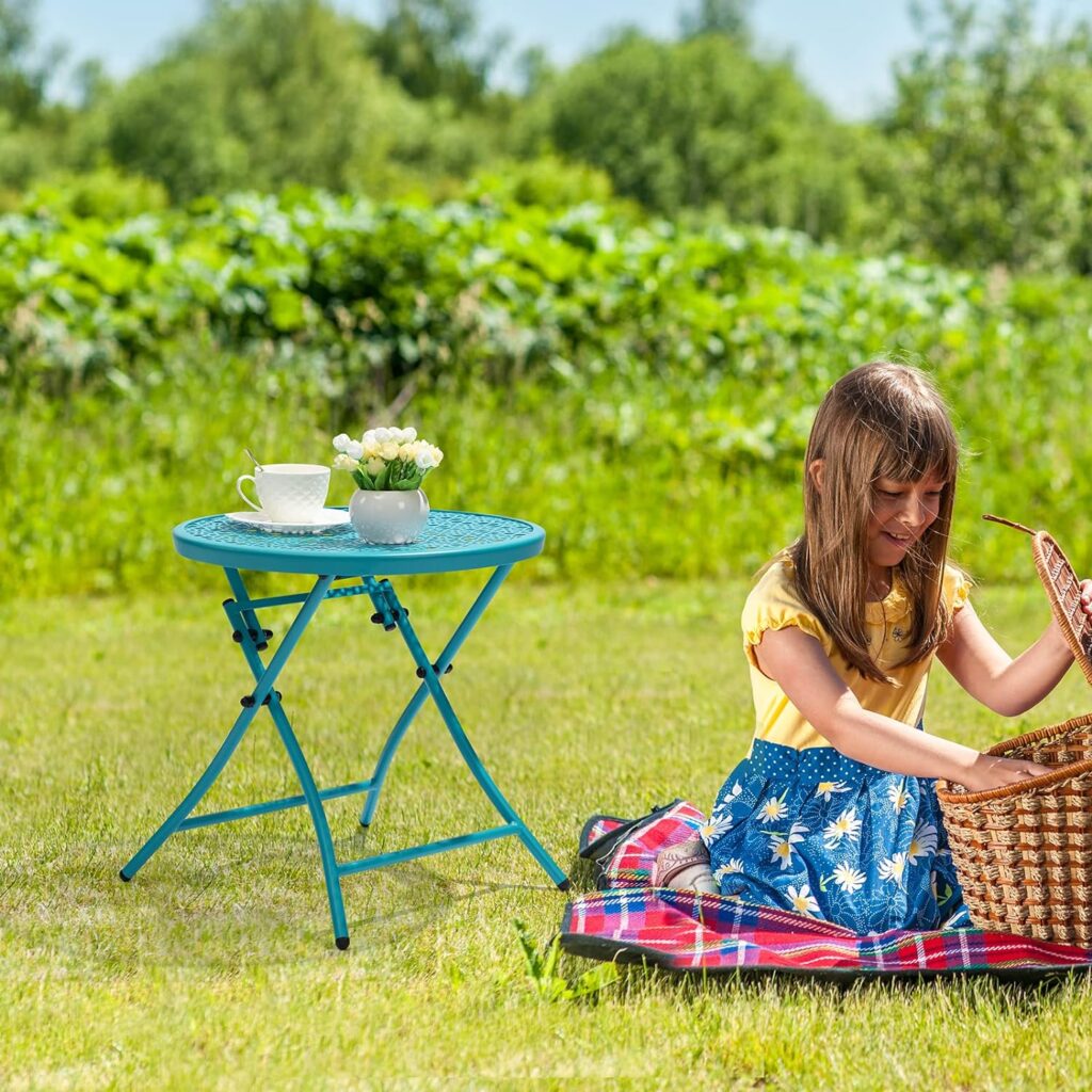 TeoKJ Folding Outdoor Side Tables, Anti Rust Small Patio Table Round Metal End Table with Flower Cutouts for Porch Yard Balcony Deck Lawn, Black