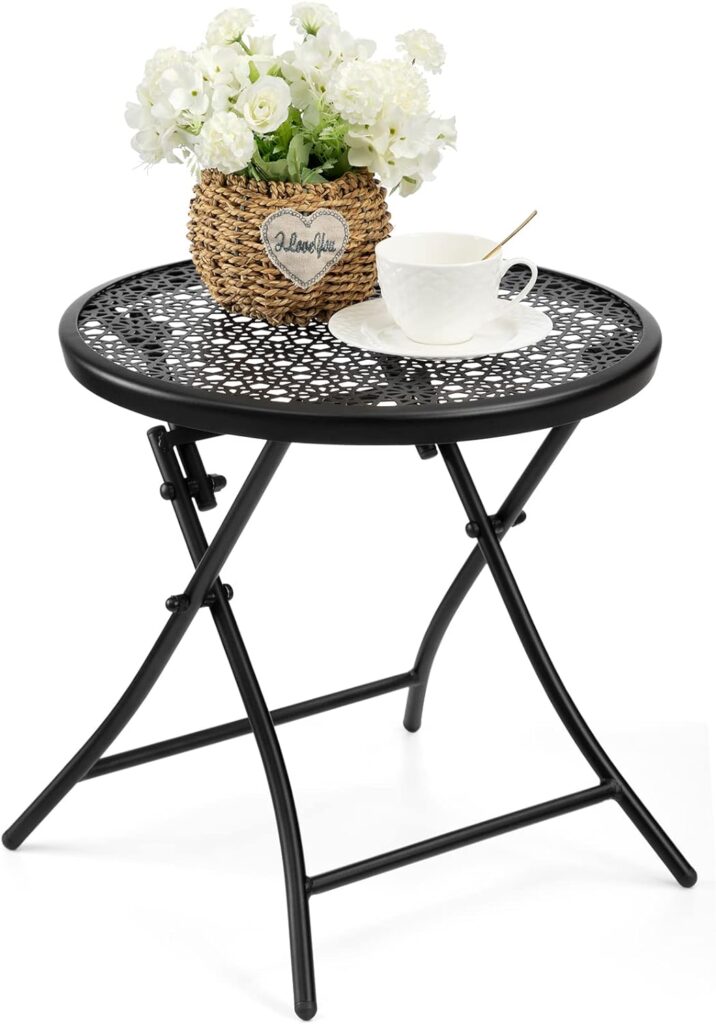 TeoKJ Folding Outdoor Side Tables, Anti Rust Small Patio Table Round Metal End Table with Flower Cutouts for Porch Yard Balcony Deck Lawn, Black