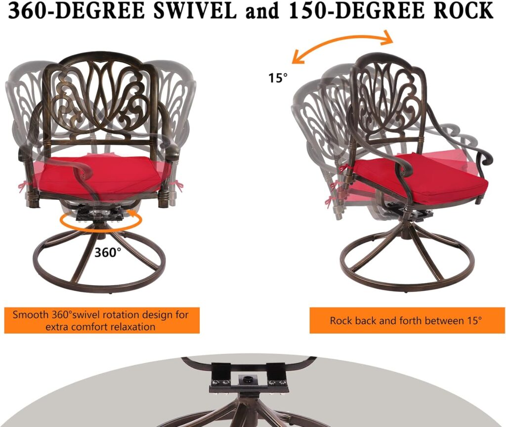 TITIMO 5-Piece Cast Aluminum Outdoor Patio Dining Set, 4 Pattern Chairs and 35.4 Square Table,Cast Aluminum Conversation Set with 2.2” Umbrella Hole (without Cushions, 1 Square Table + 4 Chairs)