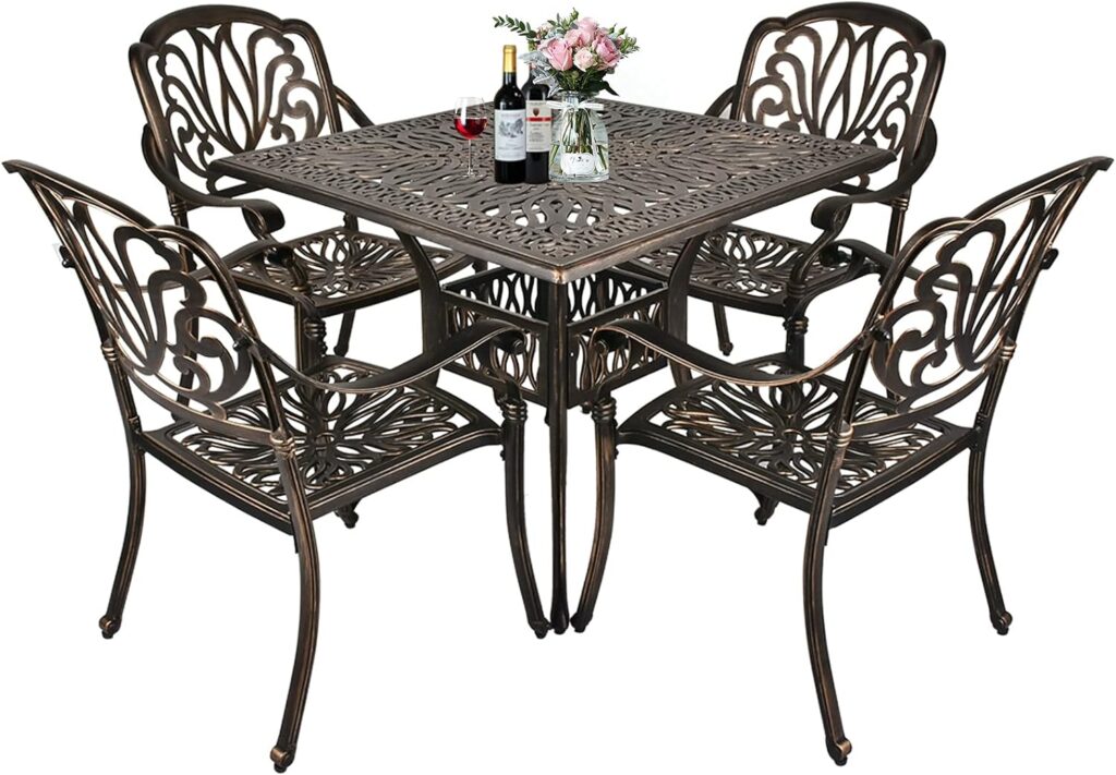 TITIMO 5-Piece Cast Aluminum Outdoor Patio Dining Set, 4 Pattern Chairs and 35.4 Square Table,Cast Aluminum Conversation Set with 2.2” Umbrella Hole (without Cushions, 1 Square Table + 4 Chairs)