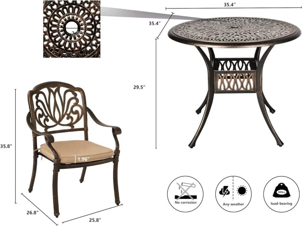 TITIMO 5-Piece Cast Aluminum Outdoor Patio Dining Set, 4 Pattern Chairs and 35.4 Square Table,Cast Aluminum Conversation Set with 2.2” Umbrella Hole (without Cushions, 1 Square Table + 4 Chairs)